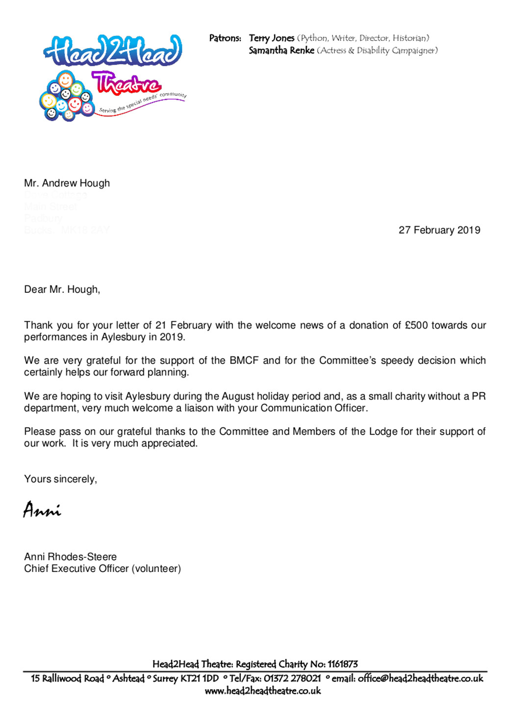 Head2Head Thank you letter 27.02.19